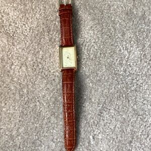 Disney Men's Rectangular Gold-Tone Watch with Brown Leather Strap
